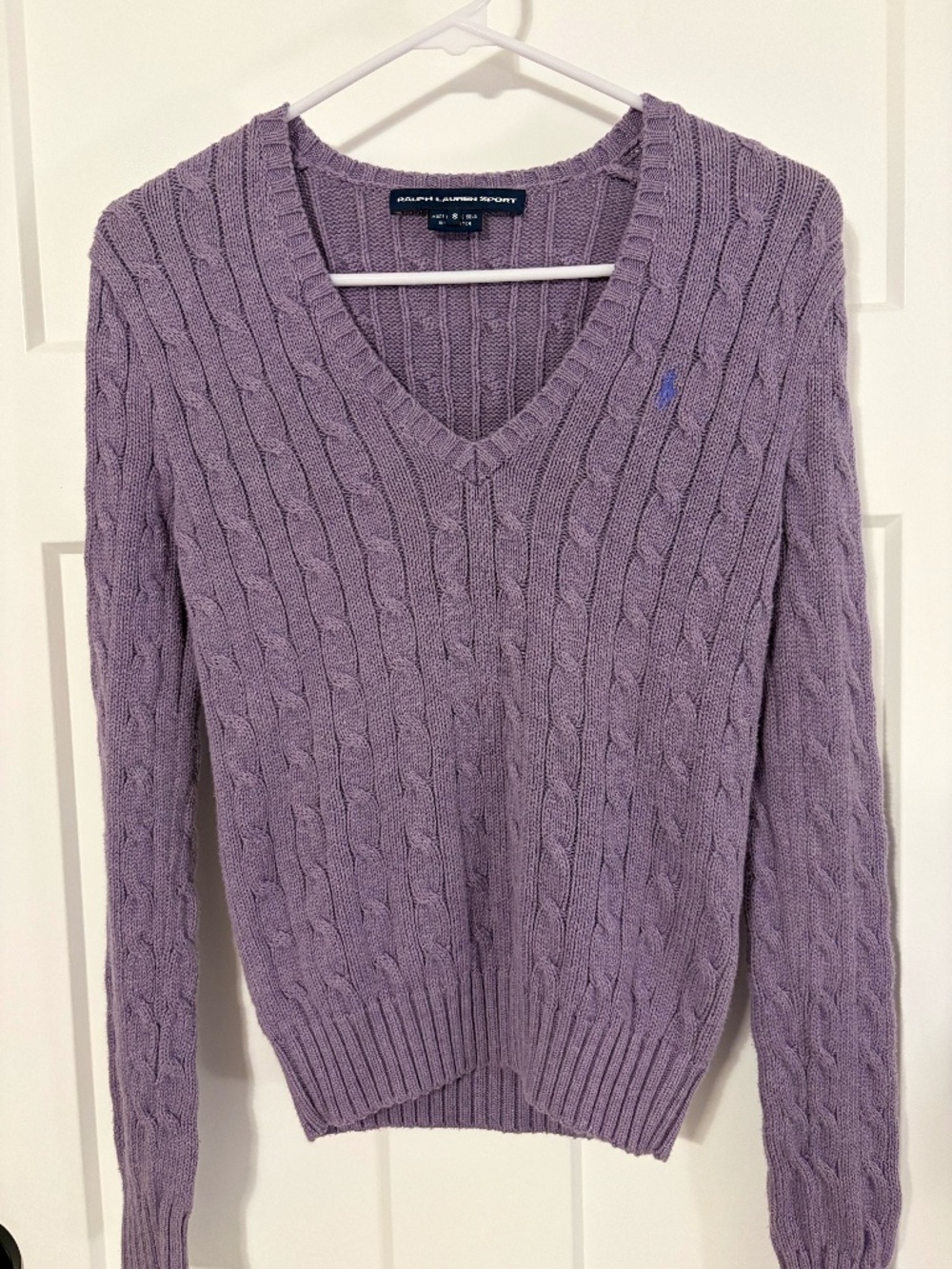 Ralph Lauren Sport Sweater Women's Purple Cable Knit V Neck Vintage Hong Kong S